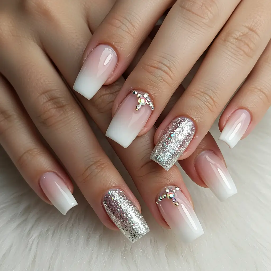 Best French Ombre Chrome Nails with Glitter and Rhinestones for a Glam Look