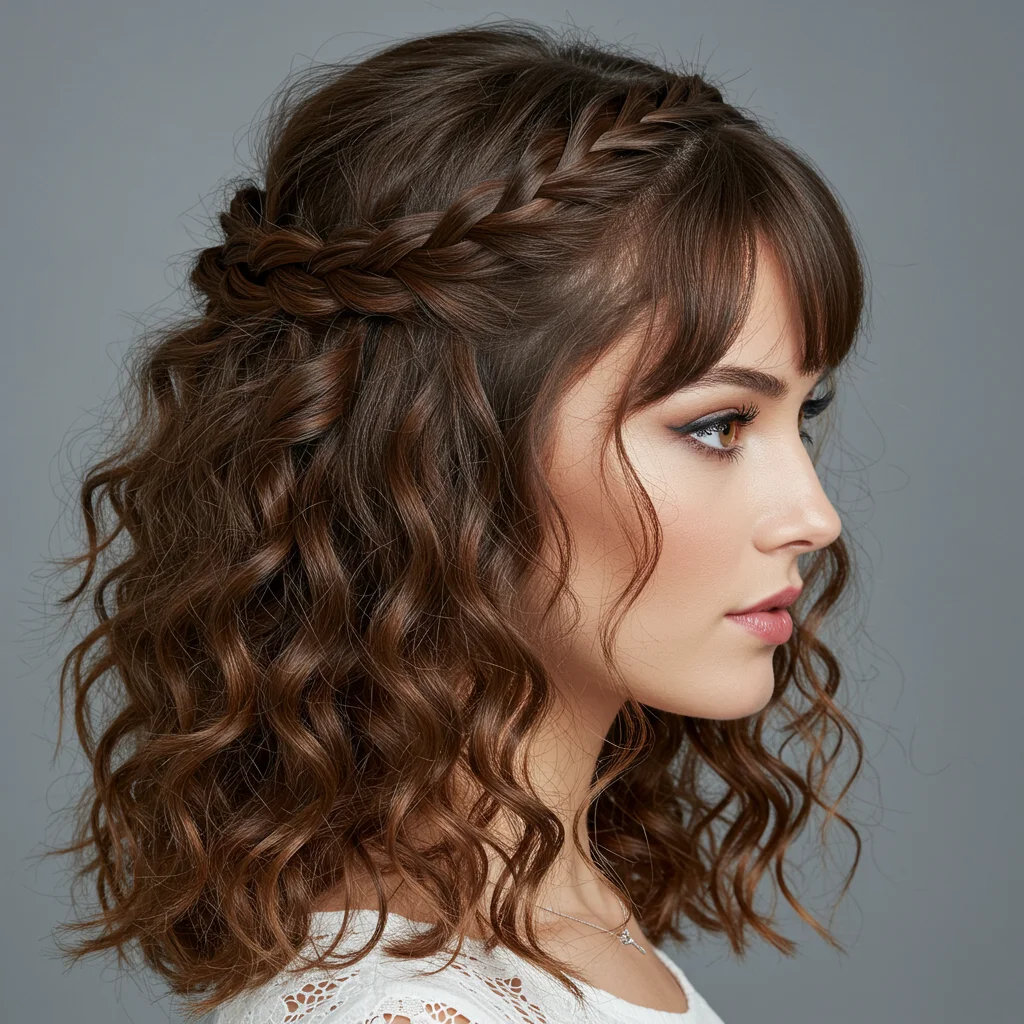Braided Crown with Curly Fringe