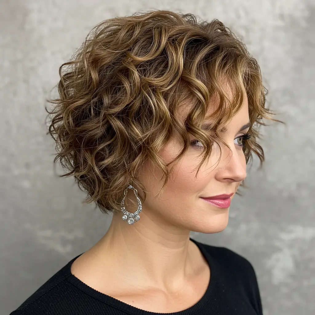 Chin-Length Curly Bob with Highlights