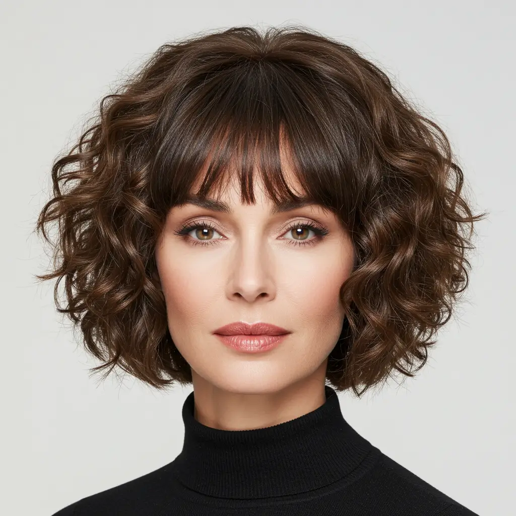 Curly Bob with Curtain Bangs