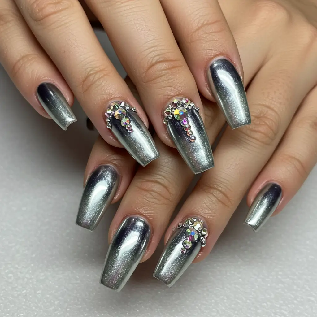 French Ombre Chrome Nails with 3D Rhinestones