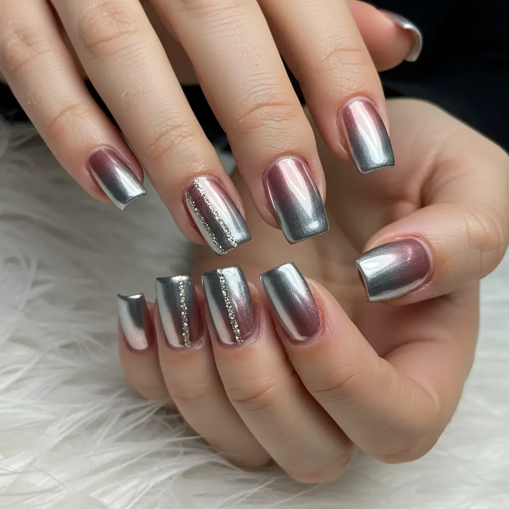 French Ombre Chrome Nails with Accent Glitter Lines