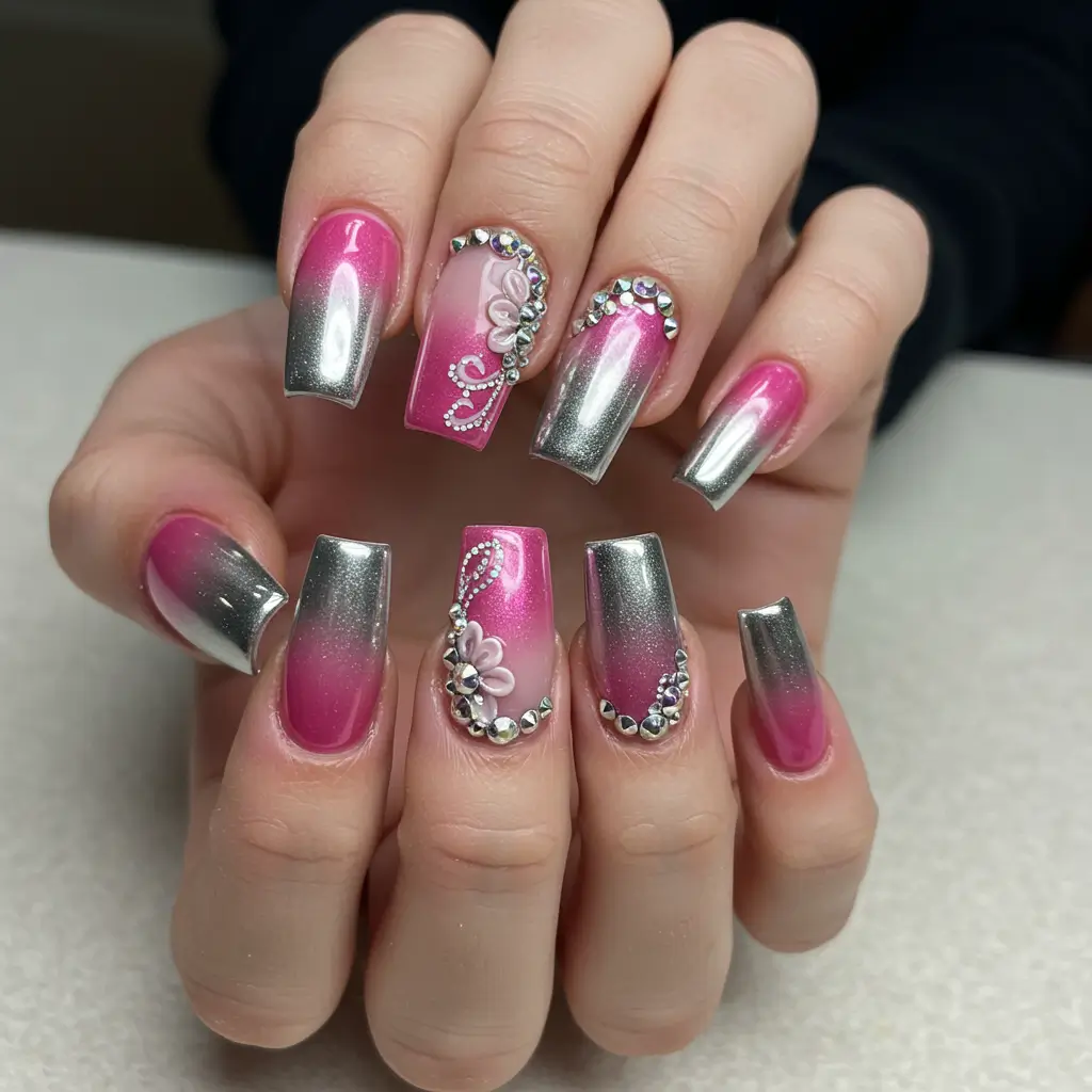 French Ombre Chrome Nails with Floral Rhinestone Art