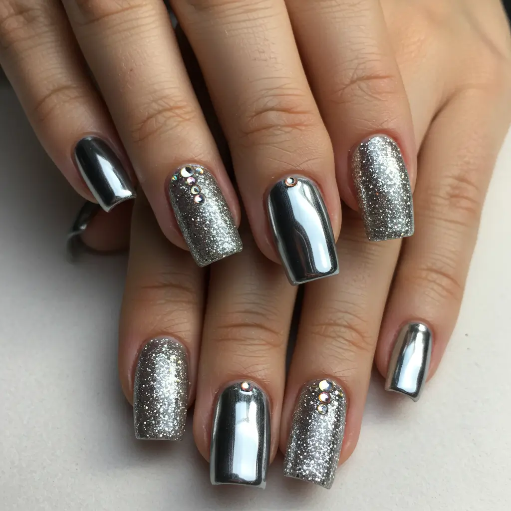 French Ombre Chrome Nails with Glitter Cuticles