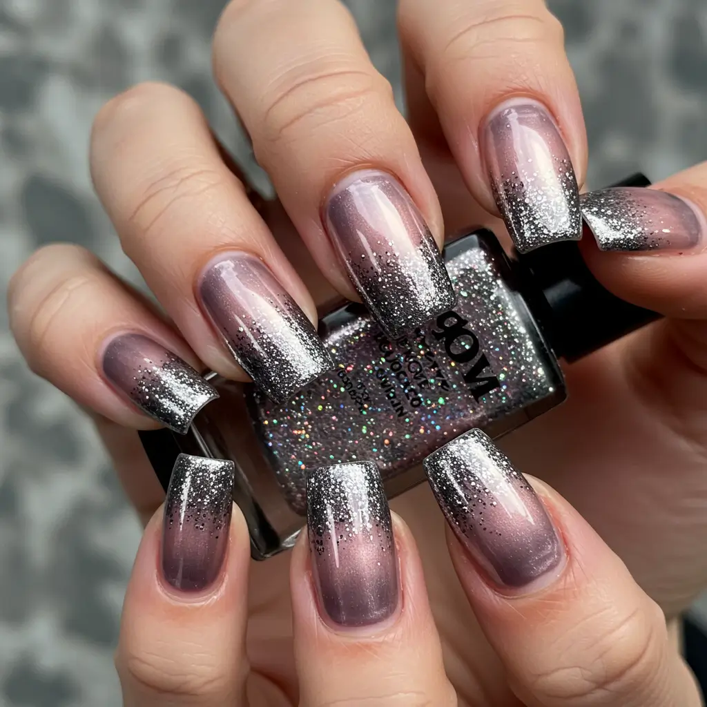 French Ombre Chrome Nails with Glitter Fade