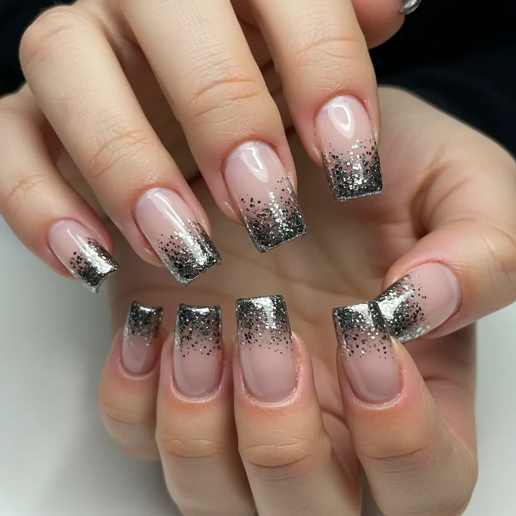 French Ombre Chrome Nails with Glitter Tips