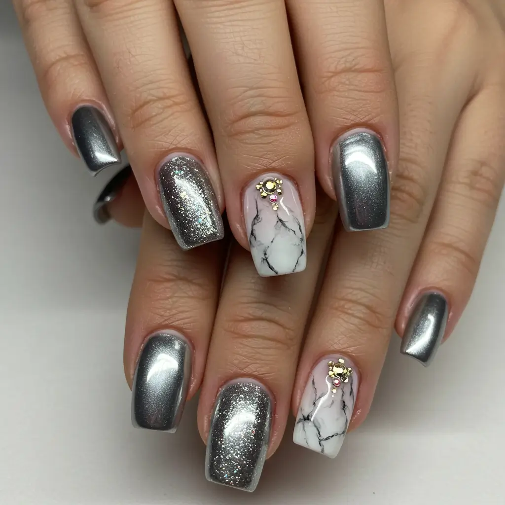 French Ombre Chrome Nails with Marble Accents