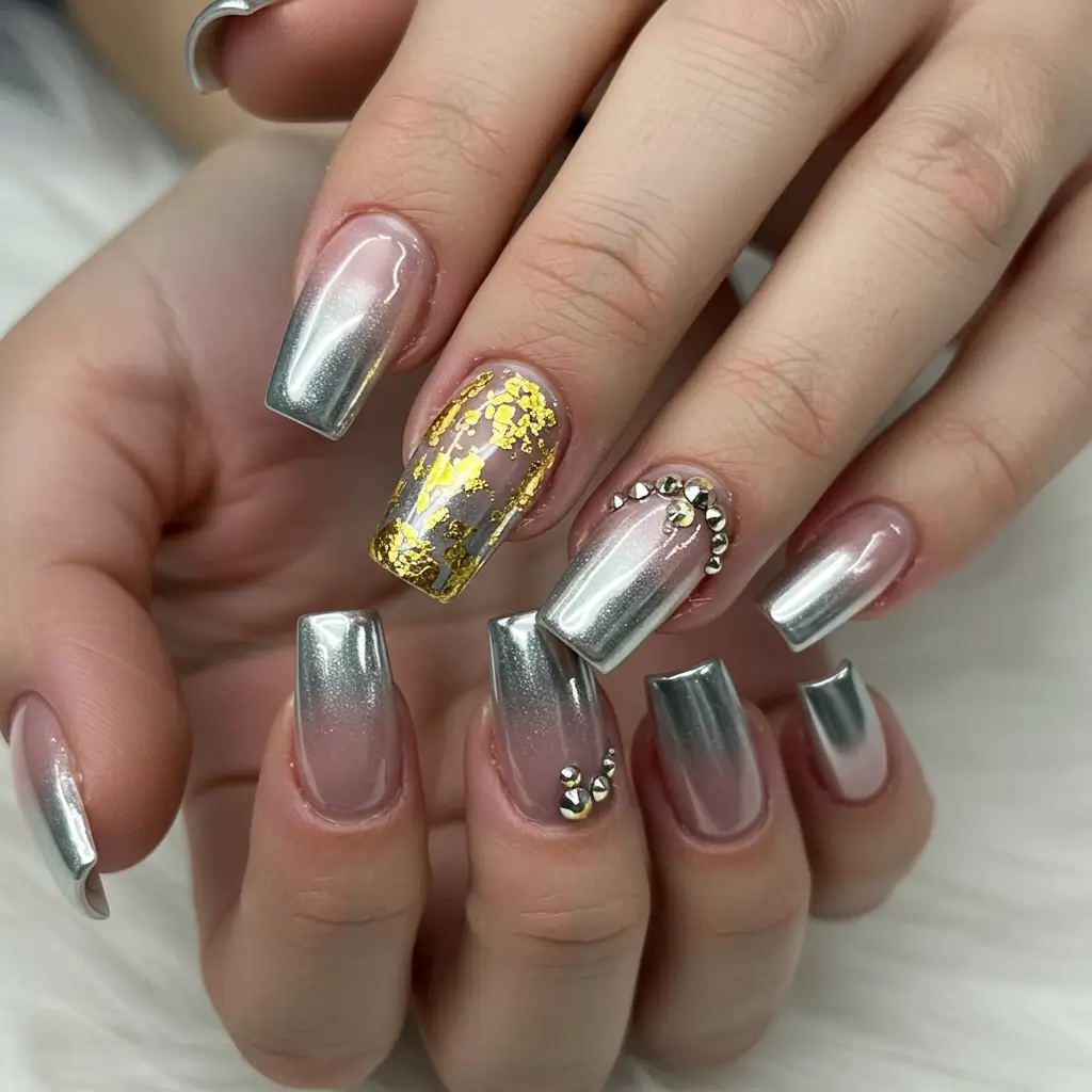 French Ombre Chrome Nails with Metallic Foil