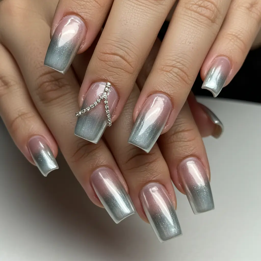 French Ombre Chrome Nails with Rhinestone Chains