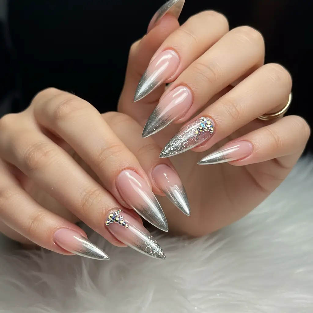 French Ombre Chrome Stiletto Nails