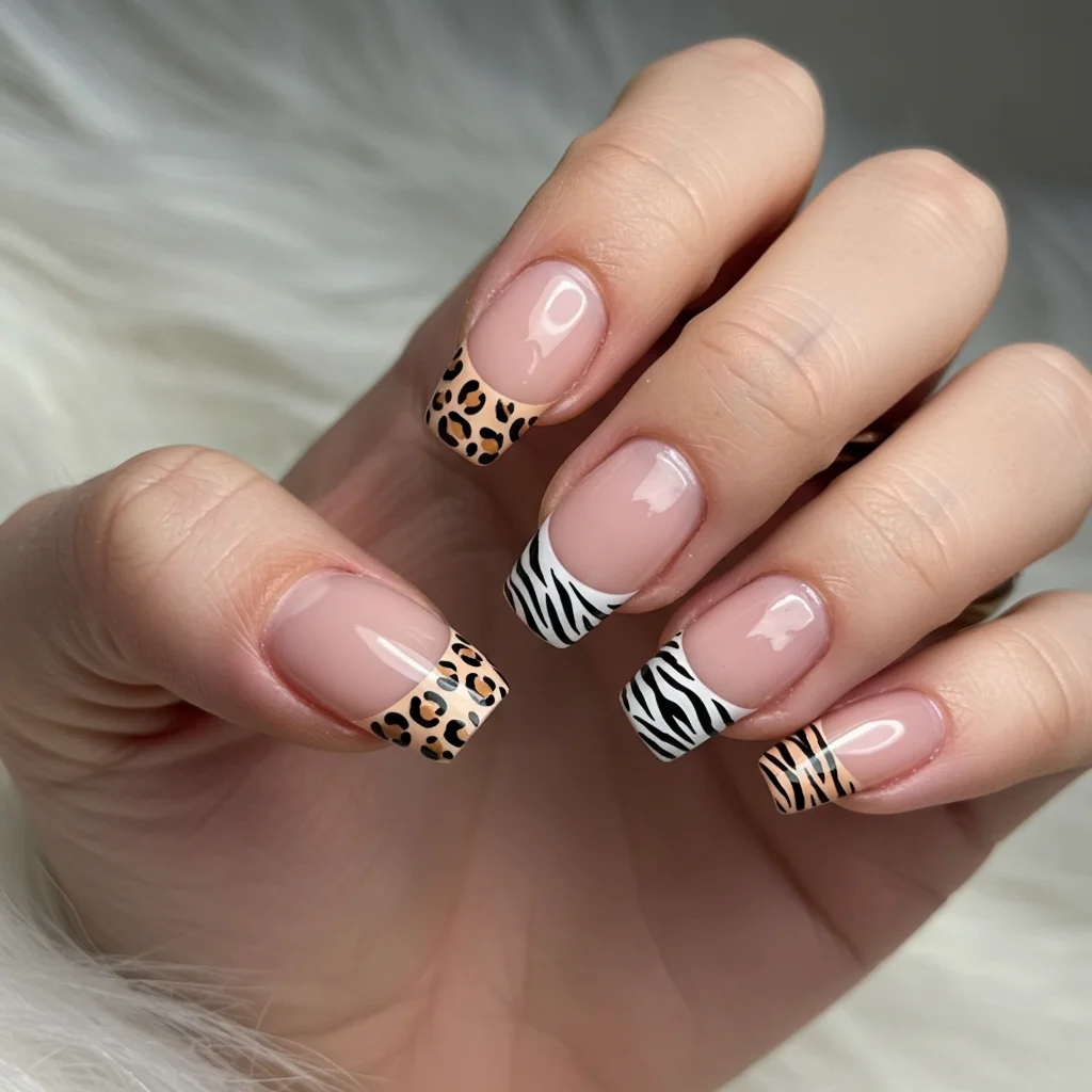 French Tips with Animal Print Accents