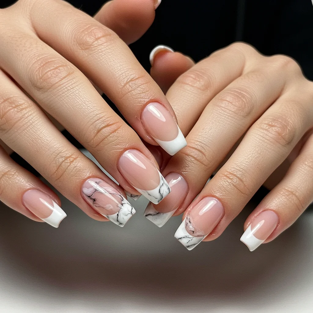 French Tips with Marble Accents