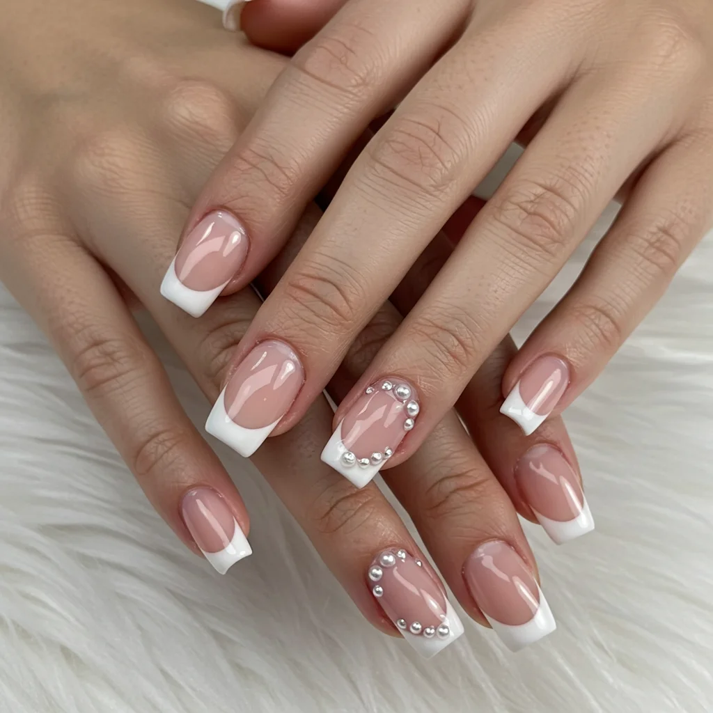 French Tips with Pearl Embellishments