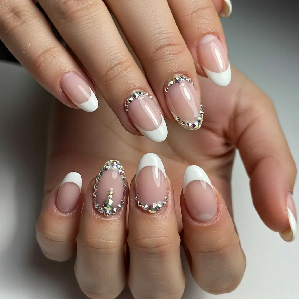 French Tips with Rhinestone Details