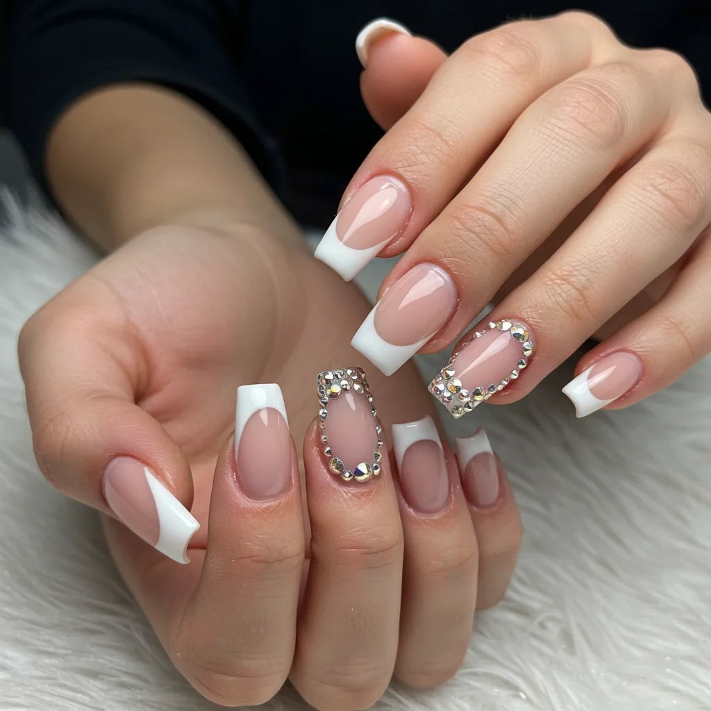 French Tips with Rhinestone Details