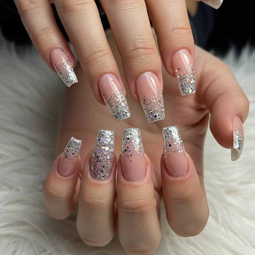 Glittery French Ombre Chrome Coffin Nails