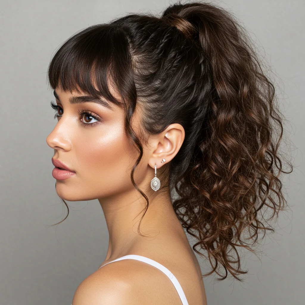 High Ponytail with Curly Bangs