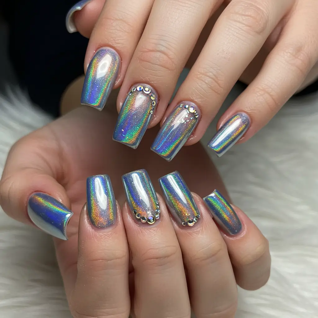 Holographic French Ombre Chrome Nails