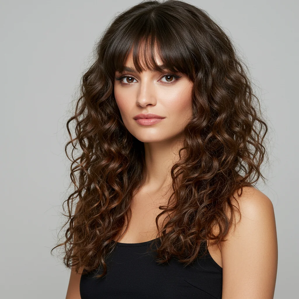 Long Curly Hair with Side-Swept Bangs