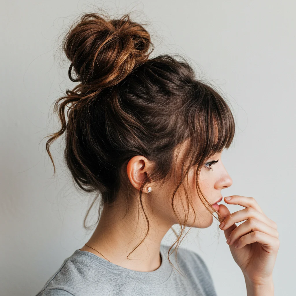 Messy Bun with Curly Fringe