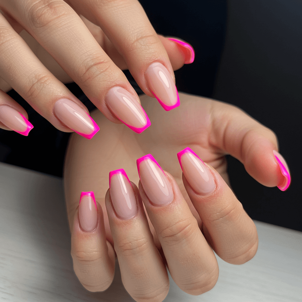 Nude Almond Nails with Neon Pink Outlined Edges
