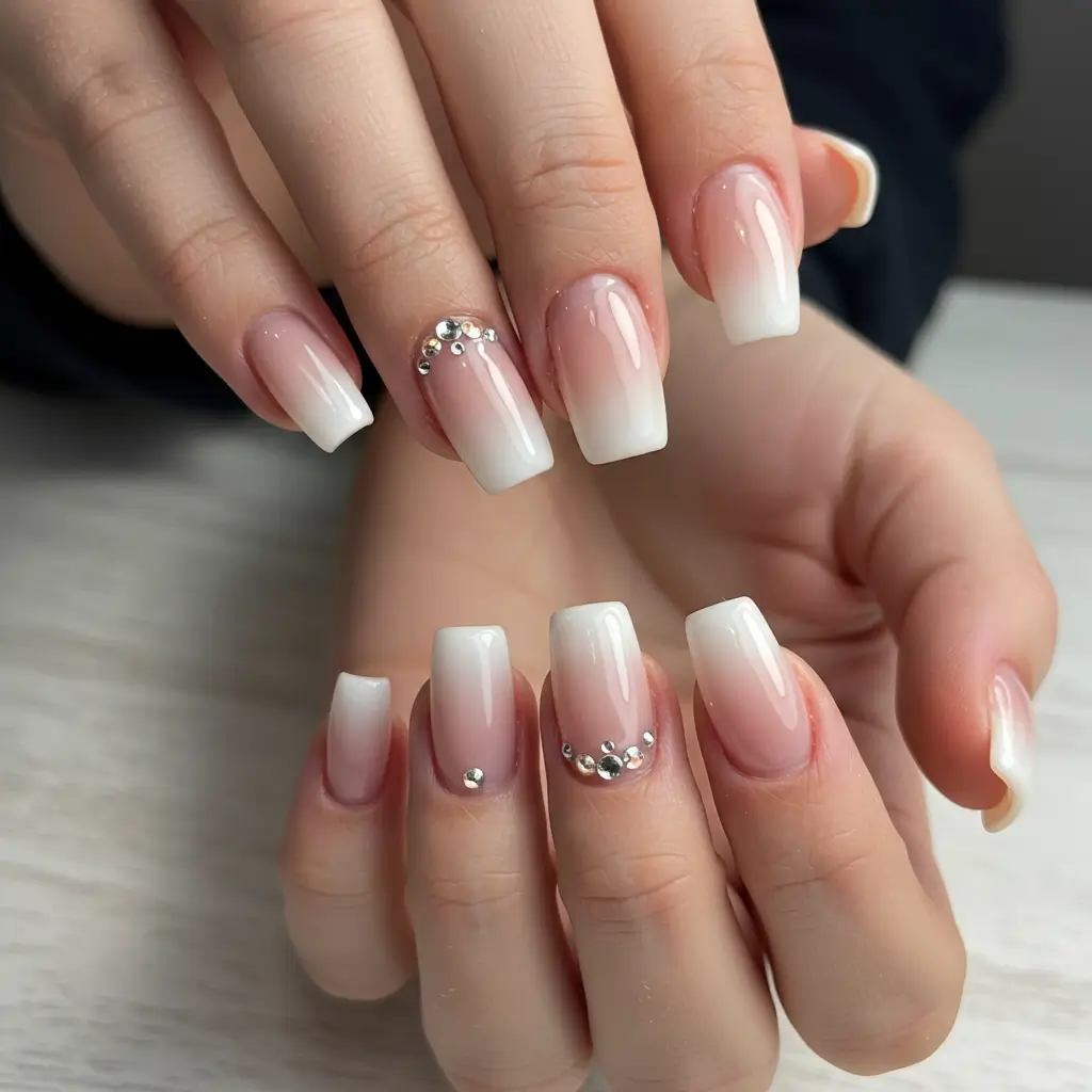 Nude French Ombre Chrome Nails with Gems