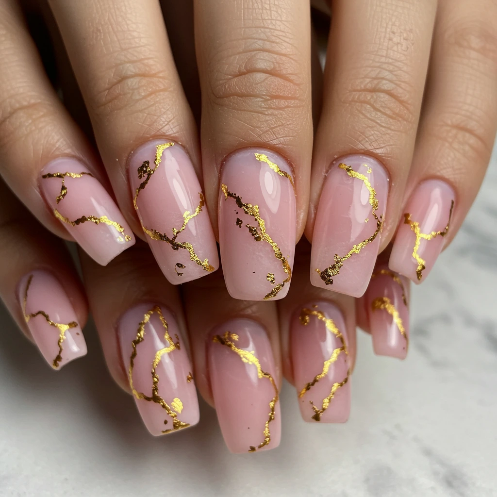 Pink Base with Elegant Gold Leaf Veining