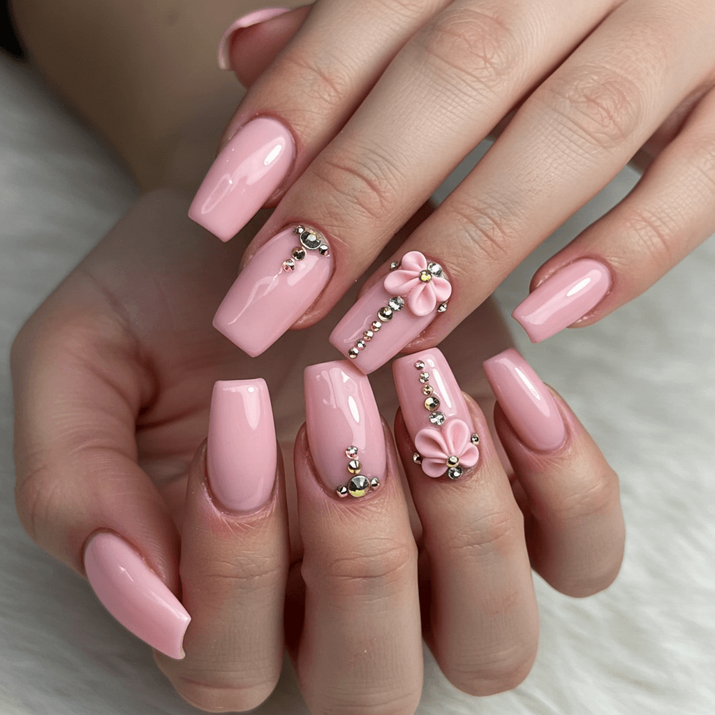 Pink Nails with Delicate 3D Embellishments