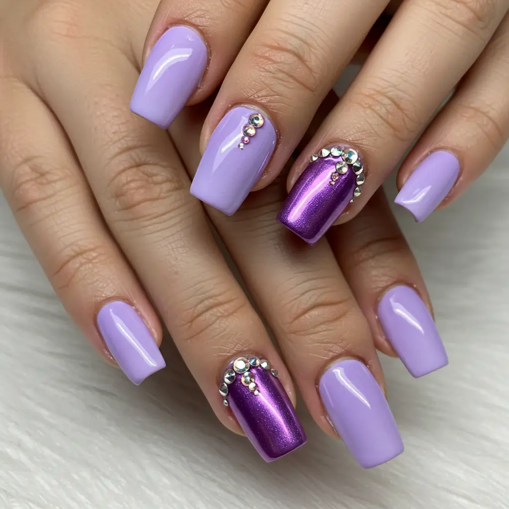 Purple Ombre Chrome Nails with Rhinestones
