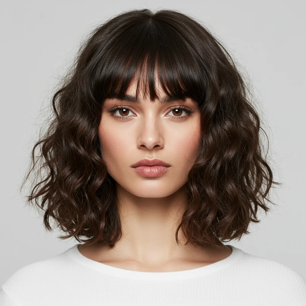 Shoulder-Length Curls with Blunt Bangs