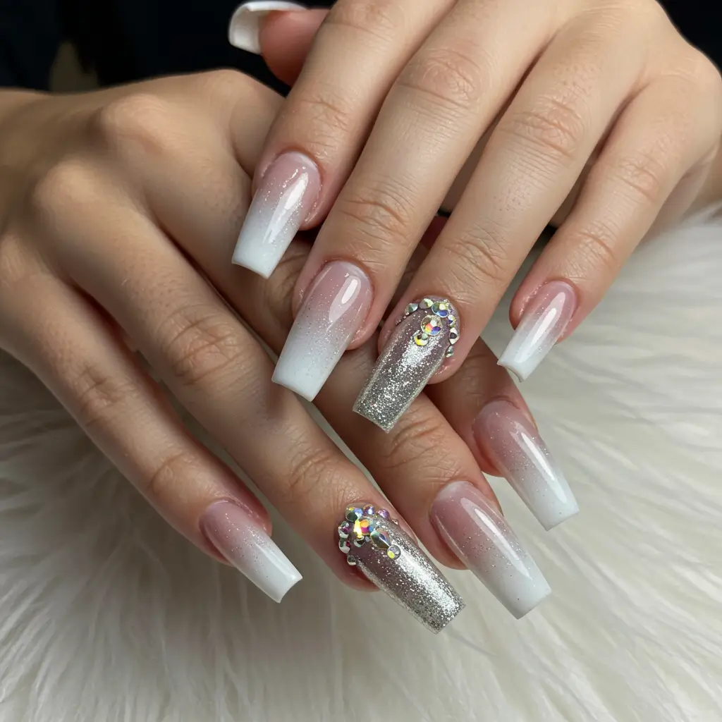 Silver Chrome Ombre with Rhinestone Tips