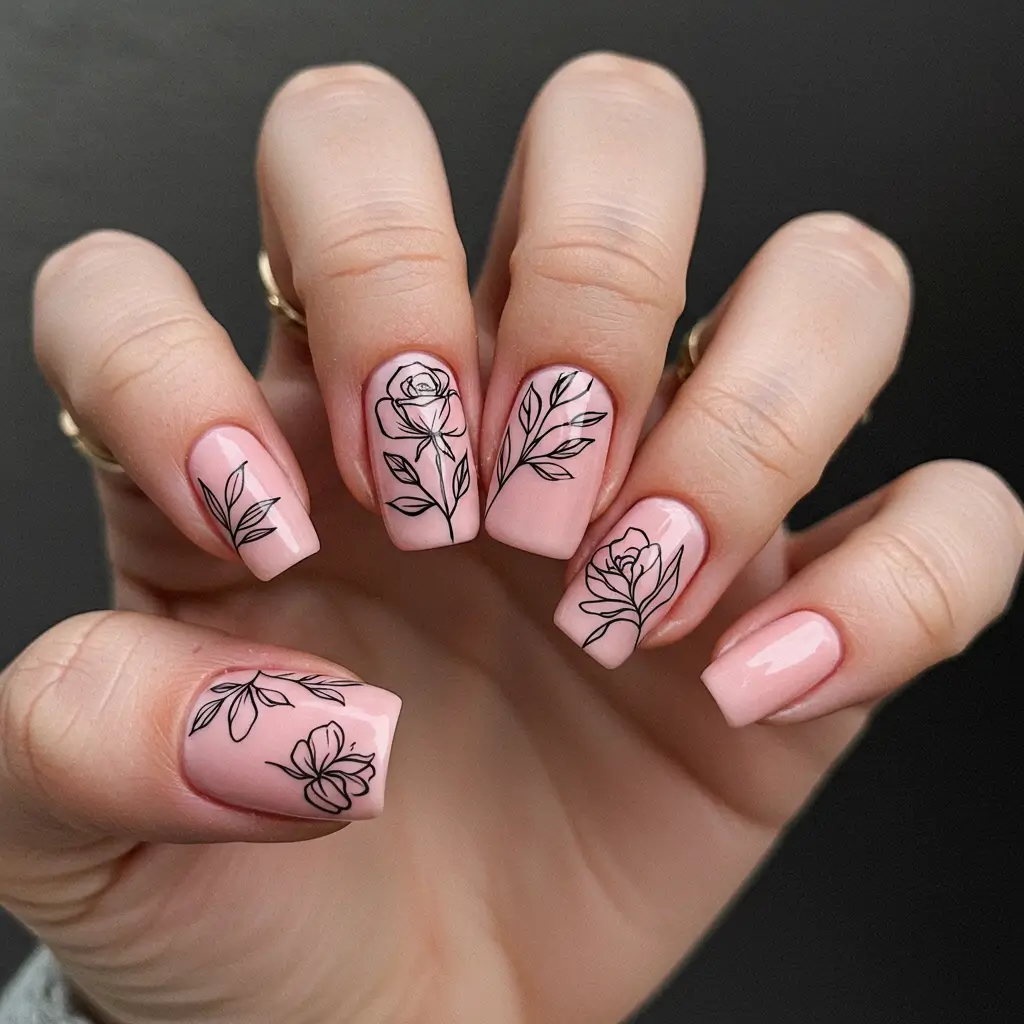 Soft Pink with Delicate Black Floral Line Art
