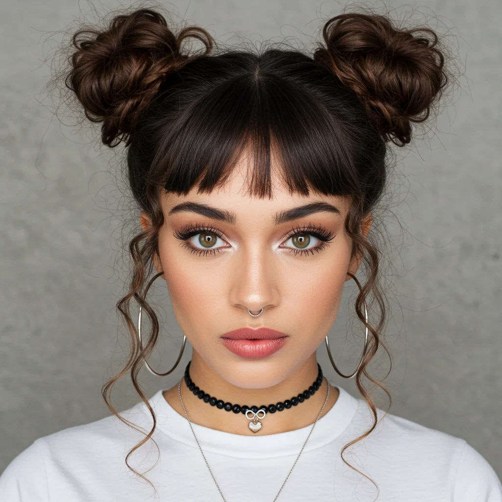 Space Buns with Curly Bangs