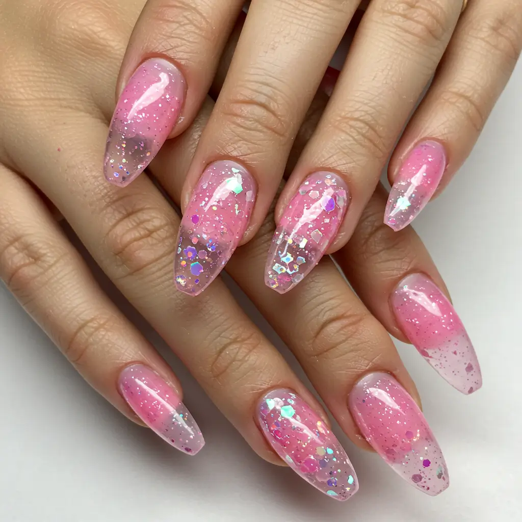 Translucent Pink Jelly Nails with Encapsulated Glitter