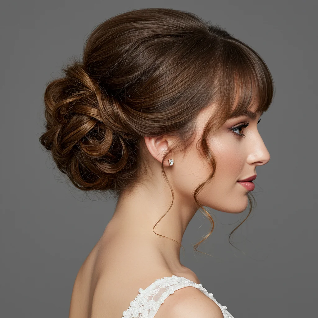 Updo with Face-Framing Curly Bangs