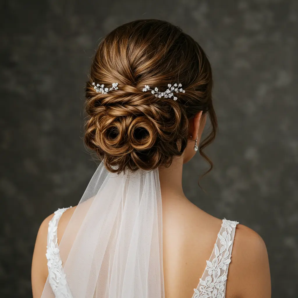 Curly Updo with Veil Integration